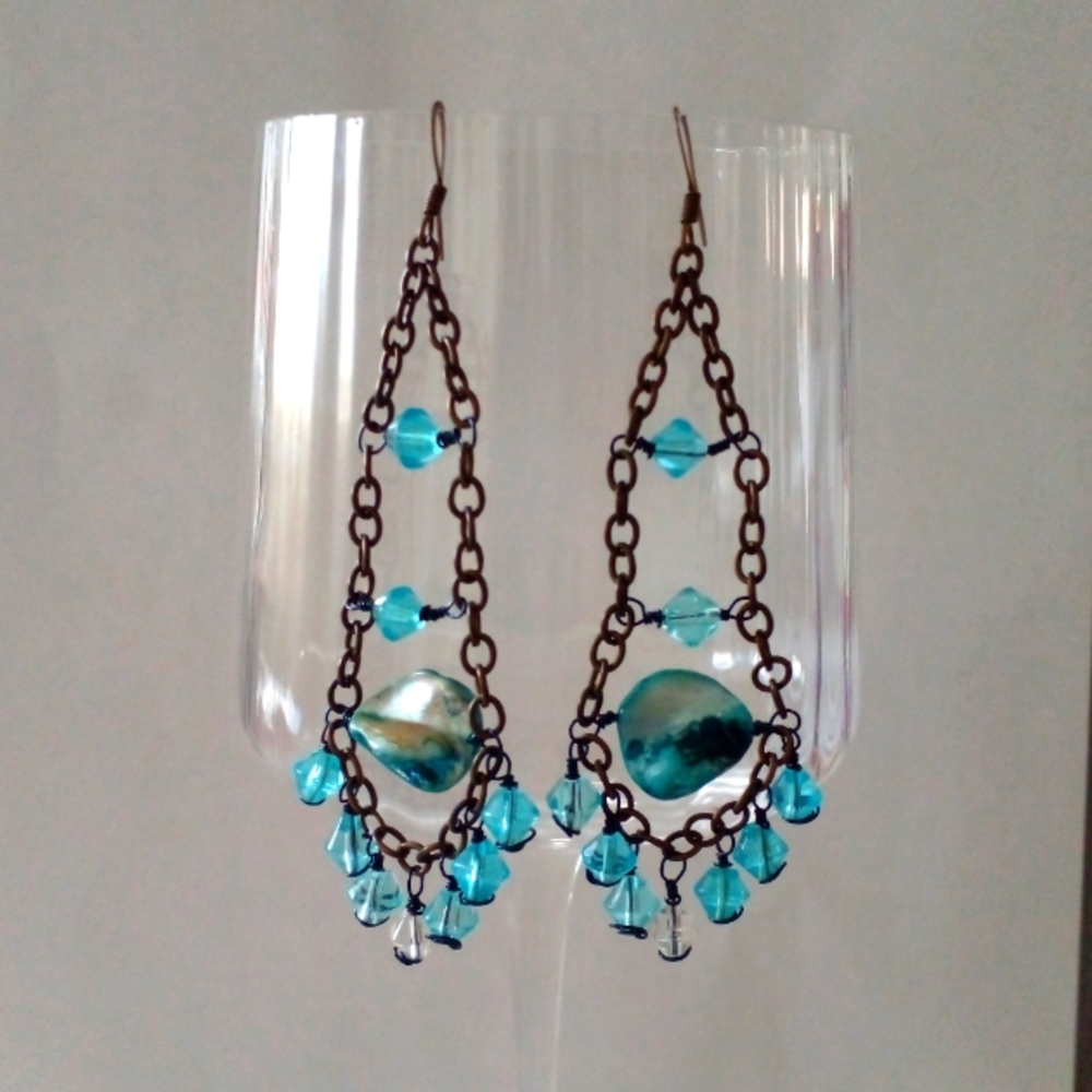 Aqua Marine Color Mother of Pearl Dangle Chandelier Earrings